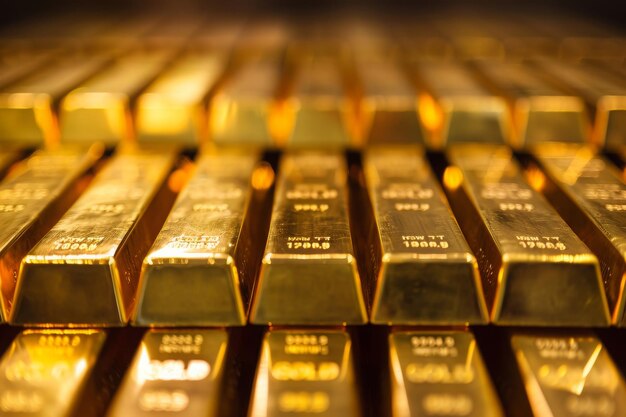 Eine detaillierte Ansicht einer Sammlung von Goldbarren, die ihre glänzenden Oberflächen und ihre gestapelte Anordnung zeigt Eine visuelle Verfolgung der Goldpreise im Laufe der Zeit
