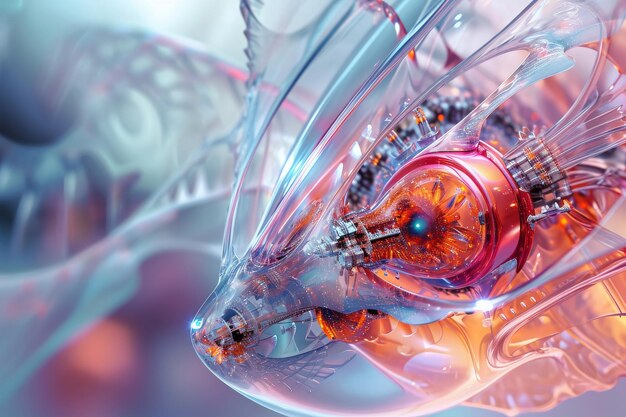 Eine detaillierte Ansicht eines Glasobjekts mit einem lebendigen roten Licht, das von innen ausstrahlt Kybernetischer Organismus, der auf abstrakte, futuristische Weise dargestellt wird