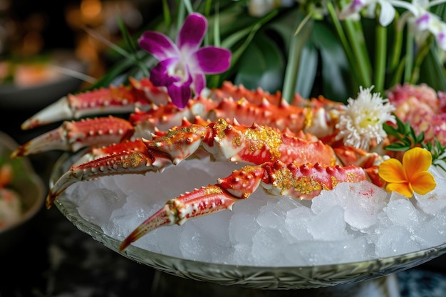Eine detaillierte Ansicht eines Tisches, gefüllt mit köstlichen Krabbenbeinen, Goldblatt-Kranzbeinen auf Eis mit tropischen Garnituren, generiert von KI