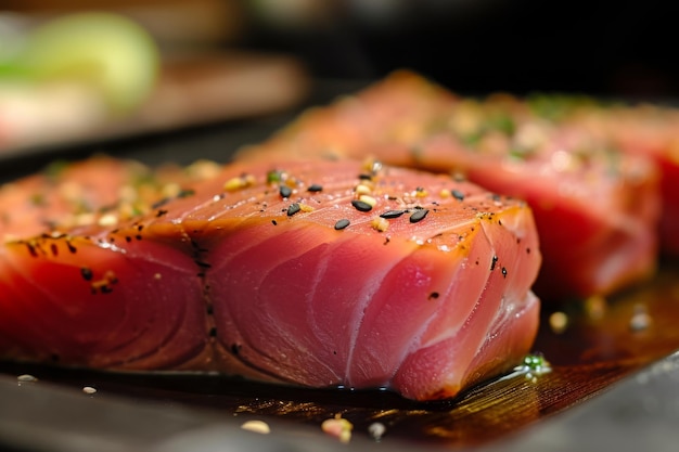 Eine detaillierte Ansicht eines Tisches, gefüllt mit verschiedenen Sushi-Rollen mit frischem Fisch, Reis und farbenfrohen Toppings.