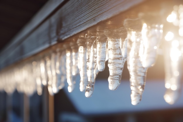 Eine detaillierte Ansicht von funkelnden Eiskörnern, die während der Weihnachten von einem schneebedeckten Dach hängen