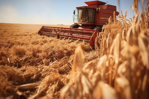 Eine detaillierte Aufnahme der Ernteausrüstung in Aktion mit Schwerpunkt auf den Maschinen und dem Mais