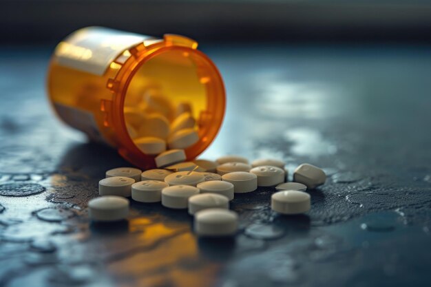 Foto eine detaillierte aufnahme einer flasche voller pillen, die auf einem tisch gelegt wurde pillenflasche mit verschütteten verschreibungspflichtigen opioiden ki generiert