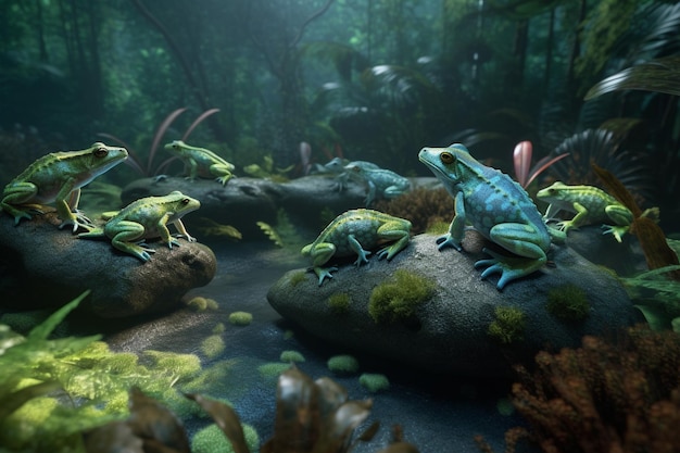 Eine detaillierte Illustration einer Gruppe von Amphibien wie Fröschen oder Salamandern in einem lebendigen und lebendigen Ambiente