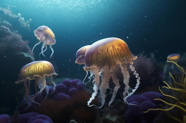 Eine detaillierte Illustration einer Gruppe von Meeresbewohnern wie Quallen oder Oktopussen in einer tiefen und mystischen Tiefe