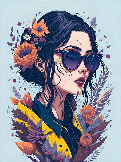 Eine detaillierte Illustration einer schönen Frau, die eine trendige Sonnenbrille mit Blumenspritzern trägt