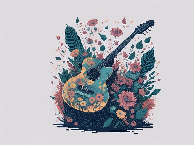 Eine detaillierte Illustration eines bunten Musikvektors mit einem trendigen Gitarren-T-Shirt-Design