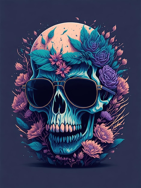 Eine detaillierte Illustration eines Dead Skull mit trendigen Sonnenbrillen und Blumen.