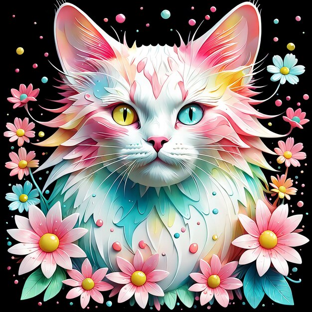 Eine detaillierte Illustration eines Druckes einer bunten Katze eine Katzenstatue mit Blumen, die von Ai erzeugt wurde