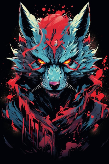 Eine detaillierte Illustration Gesicht böse Ninja Wolfmagic T-Shirt Design rote Farbe dunkle Magie Splash d