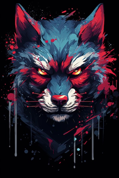 Eine detaillierte Illustration Gesicht böse Ninja Wolfmagic T-Shirt Design rote Farbe dunkle Magie Splash d