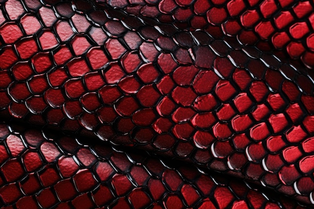 Eine detaillierte Nahaufnahme des komplizierten und farbenfrohen Musters einer schuppigen Hautstruktur einer roten Schlange. Rotes und schwarzes exotisches Schlangenhautmuster, KI-generiert