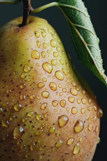 Foto eine detaillierte nahaufnahme einer birne mit wassertropfen, die ihre frische zeigen ideal für lebensmittel- und ernährungsprojekte