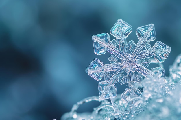 Foto eine detaillierte nahaufnahme einer einzelnen schneeflocke, die mit wassertropfen bedeckt ist und ihre komplizierte kristalline struktur zeigt eine makrofotografie, die sich auf ein schneeflockmuster konzentriert
