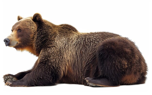 Eine detaillierte Nahaufnahme eines braunen Bären, der sein dickes Fell und seinen starken Körperbau auf einem weißen Hintergrund zeigt