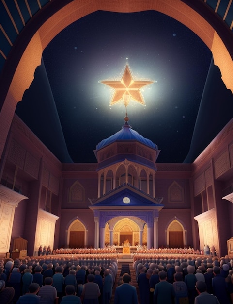 Eine detaillierte und lebendige Illustration einer Synagoge voller Menschen, die Rosch Haschana feiern
