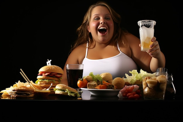 Foto eine dicke frau wählt zwischen junkfood und hamburgern