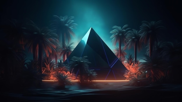 Eine digital gemalte Pyramide in tropischer Umgebung mit Palmen. Generative KI