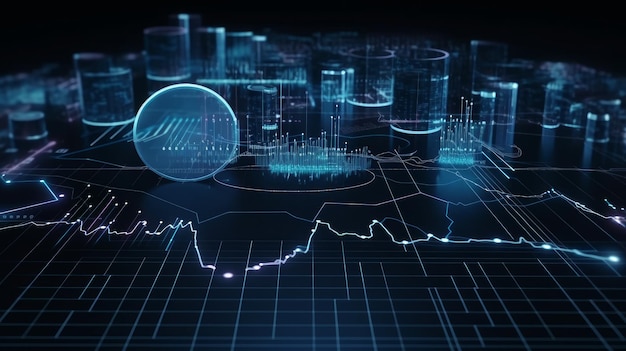 Eine digitale Anzeige von Grafiken und Diagrammen mit dem Wort „Financial“ auf der obersten KI