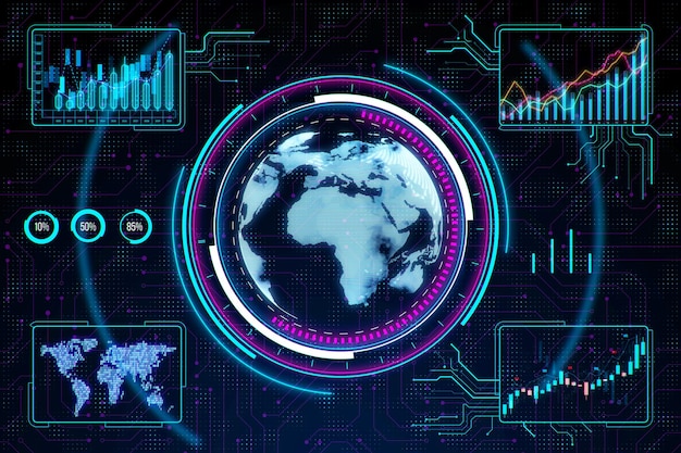 Eine digitale Darstellung eines holographischen Globus mit analytischen Diagrammen auf einem von Schaltkreisen inspirierten Hintergrund, der ein datengetriebenes Konzept darstellt 3D-Rendering