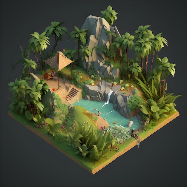 Eine digitale Illustration einer Dschungelszene mit einem Wasserfall und einer Dschungelszene.