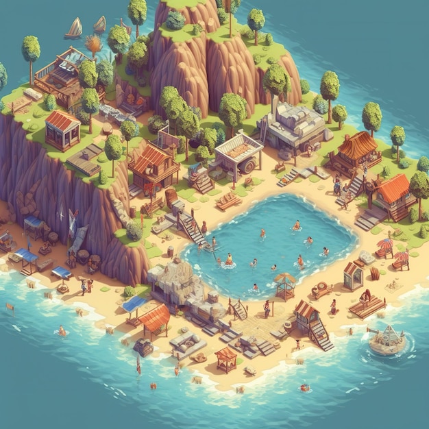 Eine digitale Illustration einer Insel mit einer kleinen Insel mit einer kleinen Insel und einem kleinen Haus darauf.