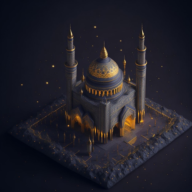 Eine digitale Illustration einer Moschee mit Goldlichtern und Goldakzenten.