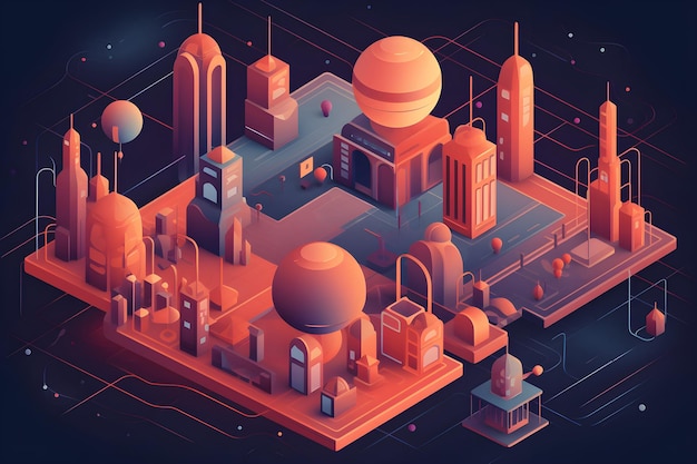 Eine digitale Illustration einer Stadt mit einem großen Ball auf der Spitze.