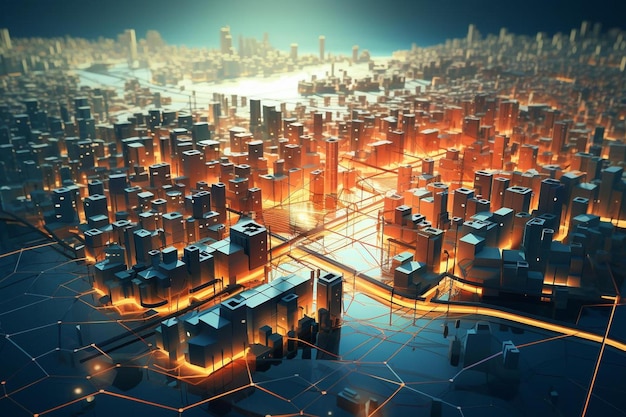 Eine digitale Illustration einer Stadt mit einer Stadt im Hintergrund.