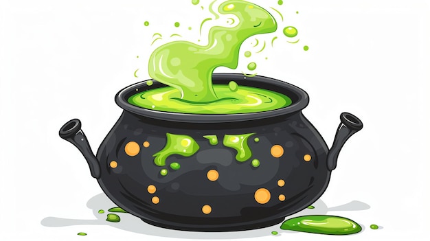 Foto eine digitale illustration eines cartoon-kessels mit einem grünen sprudelnden trank der kessel ist schwarz mit gelben polka-punkten und hat zwei griffe