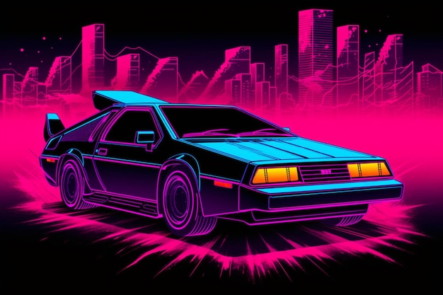 Eine digitale Illustration eines Delorean-Autos in Neonfarben.