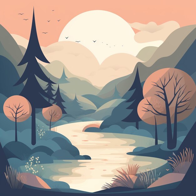 Eine digitale Illustration eines Flusses mit einem Wald und einem See im Vordergrund.