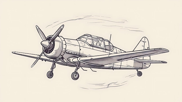 Eine digitale Illustration eines Vintage-Flugzeugs Das Flugzeug ist schwarz-weiß mit einem Radialmotor und einem einzigen Propeller