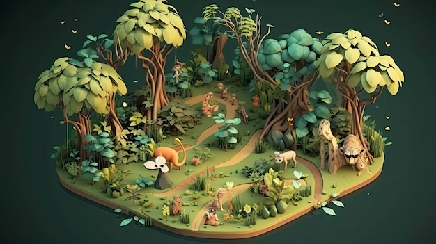Eine digitale Illustration eines Waldes mit Tieren und Pflanzen.