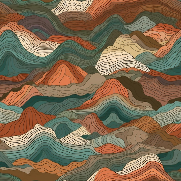 Eine digitale Illustration von Bergen und Wellen in Braun und Blau.