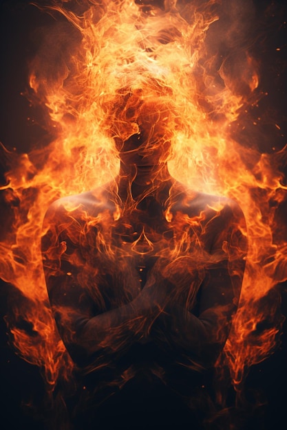 Eine digitale Komposition mit einer Person, die in Flammen verschlungen ist, symbolisiert die emotionale Erschöpfung und