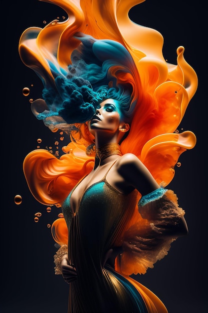 Eine digitale Kunst einer Frau mit blauen Haaren und orange und gelben Farben