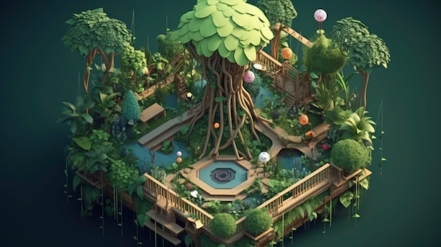 Eine digitale Kunst einer schwimmenden Insel mit einem Baum in der Mitte.