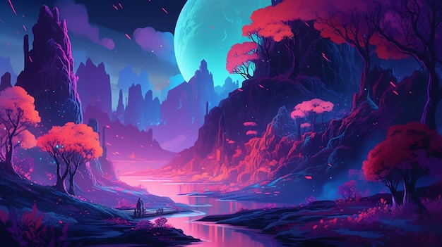 Eine digitale Kunst eines Flusses mit einem Planeten und einem Mond