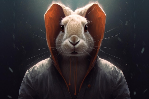 Eine digitale Kunst eines Kaninchens, das einen Kapuzenpullover und einen trägt