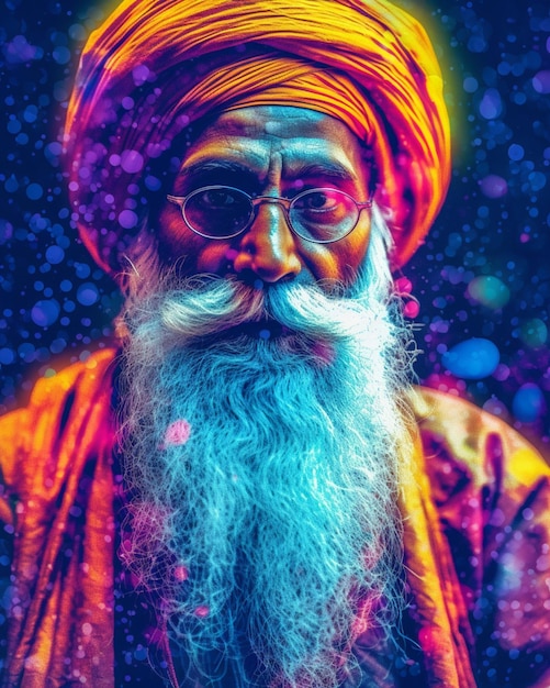 Eine digitale Kunst eines Mannes mit Turban und einem leuchtend orange-violetten Hintergrund