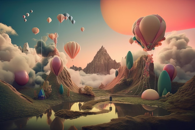 Eine digitale Kunst eines Sees und eines Heißluftballons mit einer davor stehenden Person.