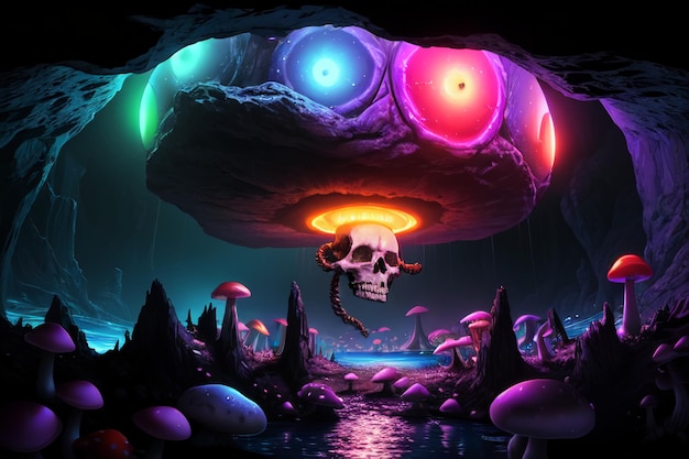 Eine digitale Kunst eines Totenkopfes mit leuchtendem Licht und einem Pilz im Hintergrund.