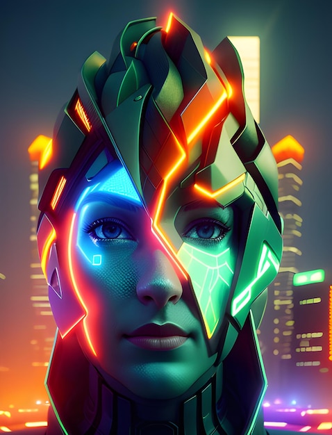 Eine digitale Kunstillustration einer Frau mit Neonfarben auf der Vorderseite.