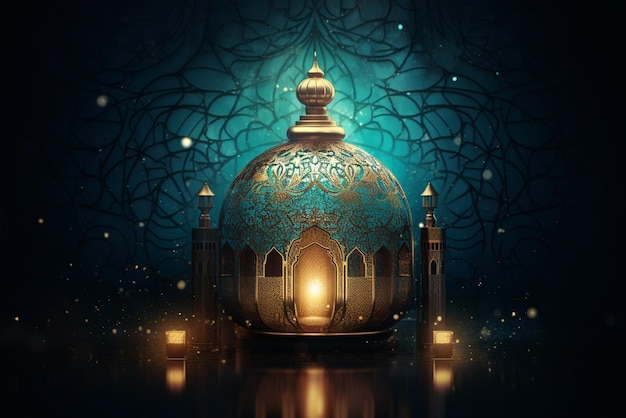 Eine digitale Kunstillustration einer goldenen Kuppel mit einer Kerze im mittleren Ramadan Eid Ul Fitr