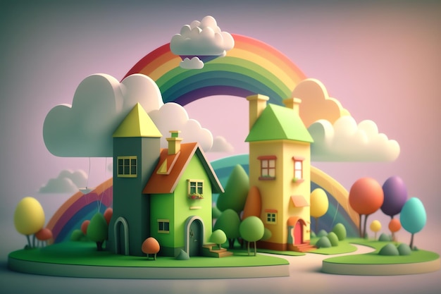 Eine digitale Kunstillustration eines Regenbogens und der Häuser