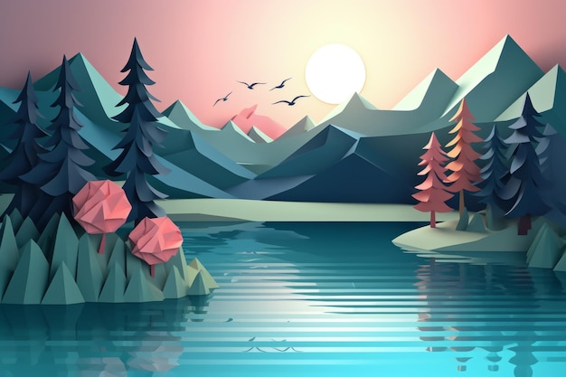Eine digitale Kunstillustration eines Sees mit Bergen und Bäumen.