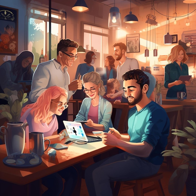 Eine digitale Kunstillustration von Menschen in einem Café