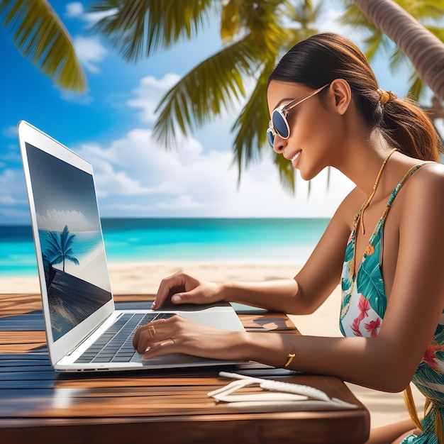 eine digitale Nomadenfrau arbeitet an ihrem Laptop in einem tropischen Strandparadies