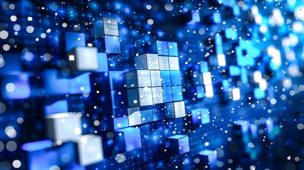 Eine digitale Welt aus Würfeln und Verbindungen, die die komplizierten Netzwerke der Technologie und die von ihnen geschaffenen virtuellen Landschaften symbolisieren